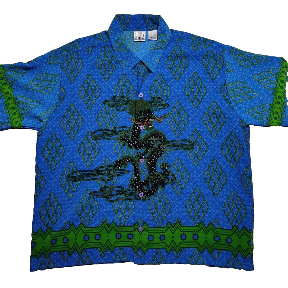 VTG CITY‎ STREETS Men XL DRAGON Print Blue Polyester Camp Shirt